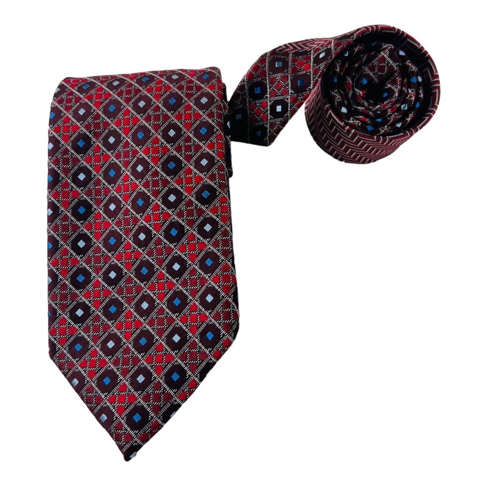 Ermenegildo Zegna Red w/ Silver Check w/ Blue Dot Silk Tie Size 3.5"W 59"L